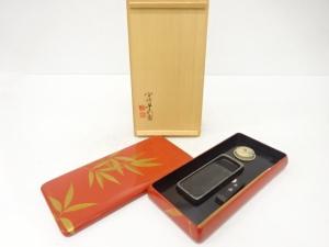 宮崎平安堂謹製　朱塗　竹蒔絵　硯箱